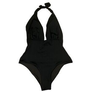 H&M Black Halter Deep V Plunge Neck One‎ Piece Fitted Swimsuit Women Size 4